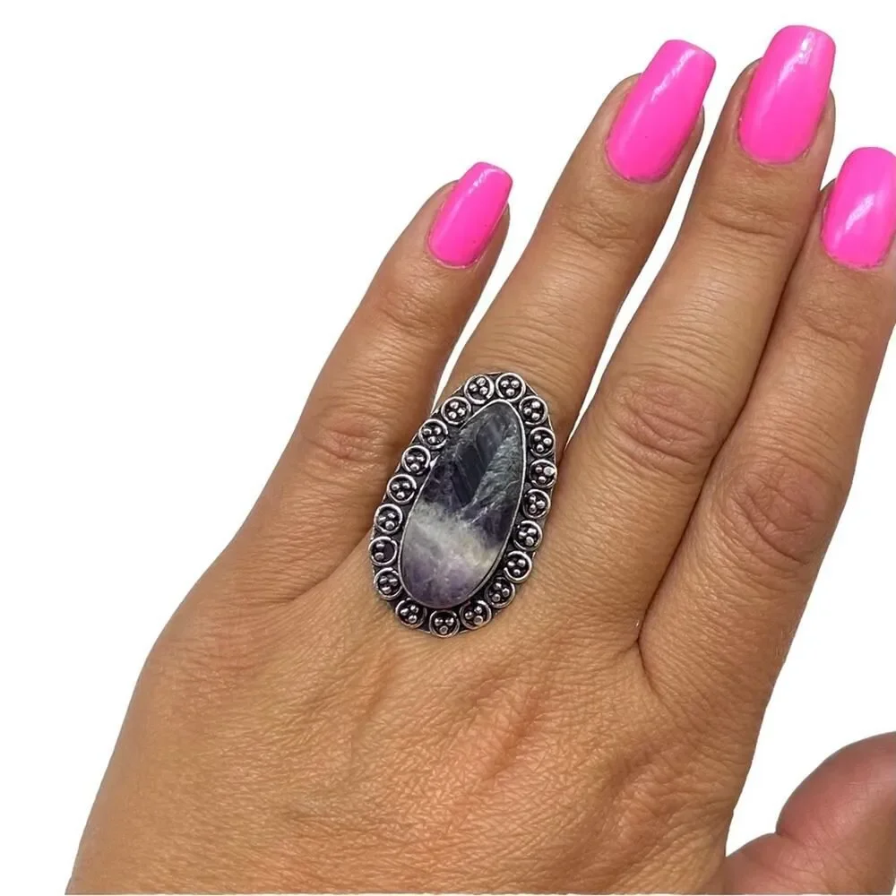 Chevron Amethyst Ring Size 7.5 925 Sterling Silver Overlay Boho Stone Purple